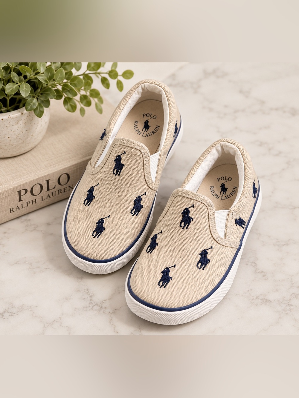 Polo by Ralph Lauren Beige Canvas Slip-On Sneakers with Navy Polo Logos